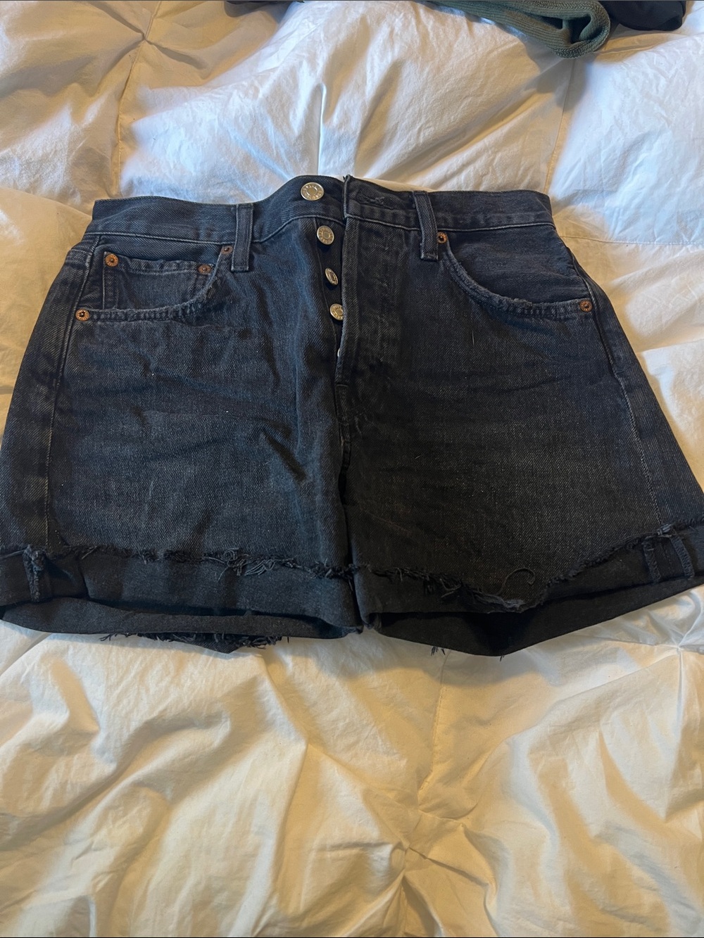 Agolde Black High-Rise Button-Front Denim Shorts Parker Long
